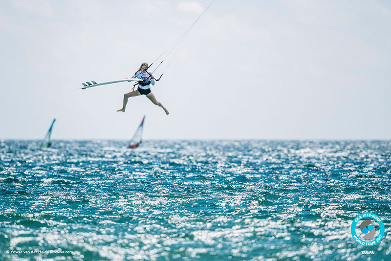 Female kitesurfer Carla Herreira Oria competing against the men